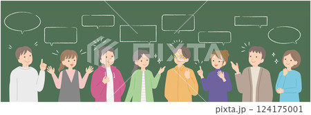 様々な意見を出し合う8人の男女のイラスト(黒板) 様々な意見を出し合う8人の男女のイラスト(黒板) 124175001