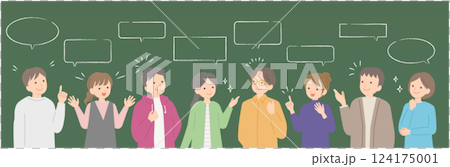 様々な意見を出し合う8人の男女のイラスト(黒板) 様々な意見を出し合う8人の男女のイラスト(黒板) 124175001