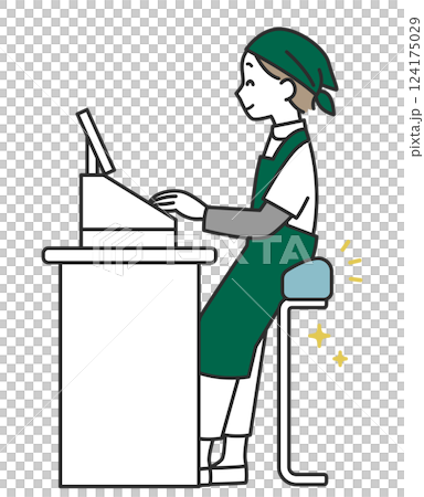 座ってレジを打つスーパーの女性店員さん 124175029