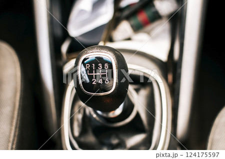 Close up of a car gear stick manual transmission, Manual gear lever of a car. Image of a car gear stick manual transmission. Close up of a car gear stick manual transmission, Manual gear lever of a car. Image of a car gear stick manual transmission. 124175597