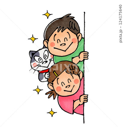 壁から覗く子供と猫(笑顔) 124175640