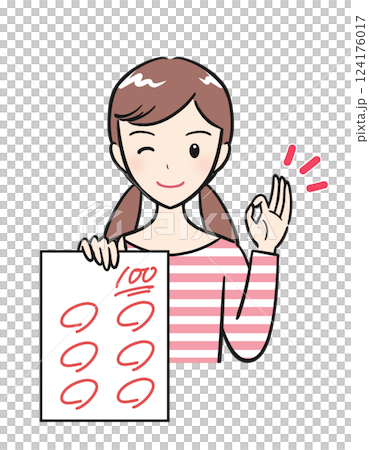 A smiling elementary school girl shows off the test she got 100 points on A smiling elementary school girl shows off the test she got 100 points on 124176017