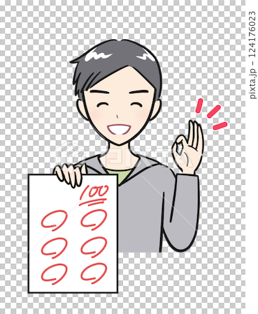 一名小學男孩微笑著展示他獲得 100 分的試卷 124176023