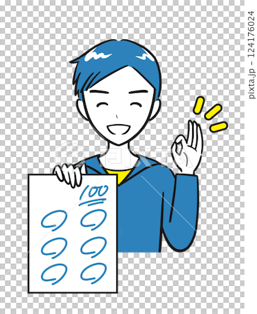 一名小學男孩微笑著展示他獲得 100 分的試卷(簡單) 一名小學男孩微笑著展示他獲得 100 分的試卷(簡單) 124176024