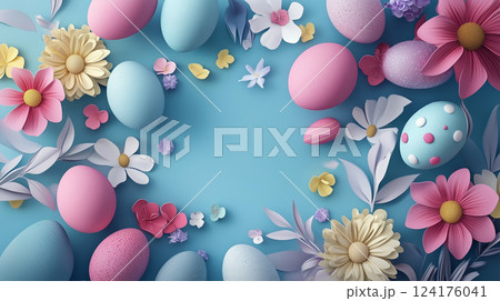 パステルカラーのイースターエッグと春の花の装飾クラフトアート風 124176041