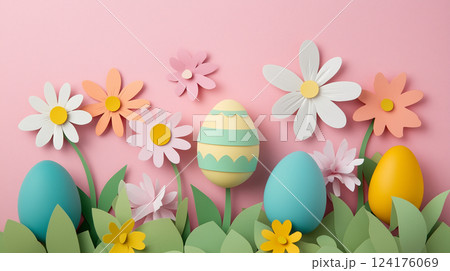 パステルカラーのイースターエッグと春の花の装飾クラフトアート風 124176069