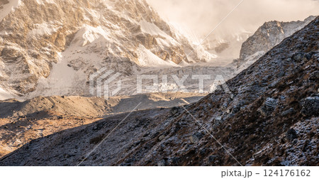 View of Langtang glacier seen from Tsergo Ri peak in Langtang national park of Nepal. 124176162