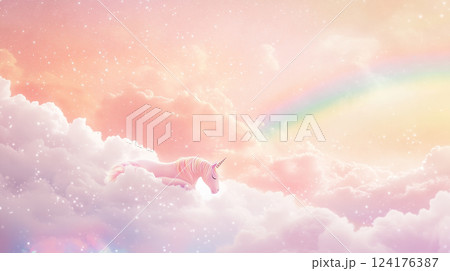 ファンタジックな雲の上に佇む白ピンクのユニコーン 124176387