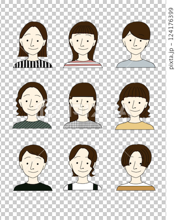 Drawings of women with different hairstyles and different clothes 124176399