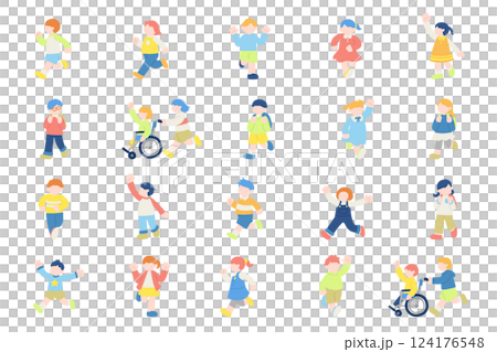 楽しそうに走るこども達のフラットなイラスト(セット) 124176548
