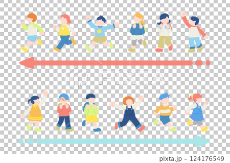 Flat illustrations of children running happily and arrows (set) 124176549