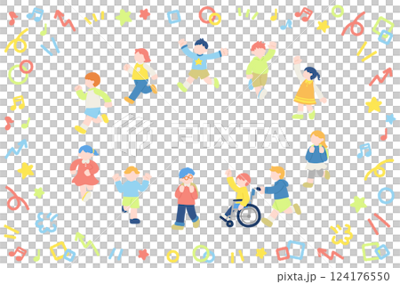 Flat illustration (set) of children running happily and icons 124176550