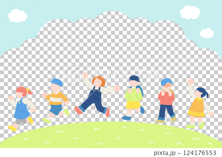Flat illustrations (set) of children running happily outside 124176553