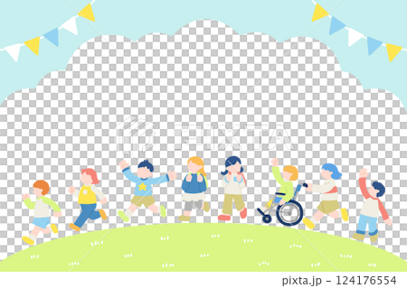 孩子們在外面快樂奔跑和花環的平面插圖（組） 124176554