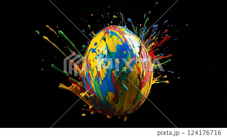 カラフルなペイントが飛び散るアートなイースターエッグ カラフルなペイントが飛び散るアートなイースターエッグ 124176716