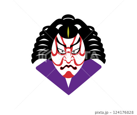 赤い隈取の歌舞伎役者のイラスト 124176828