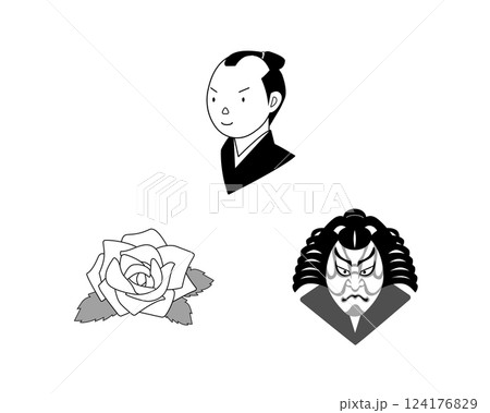 初夢（丁髷、薔薇、歌舞伎）のモノクロイラストセット 124176829