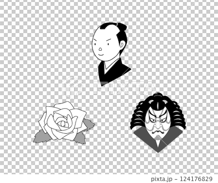 初夢（丁髷、薔薇、歌舞伎）のモノクロイラストセット 124176829