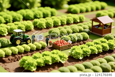 ミニチュアの農業風景|のどかな田畑と働く人々 ミニチュアの農業風景|のどかな田畑と働く人々 124176846