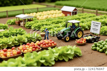 ミニチュアの農業風景｜のどかな田畑と働く人々 124176847