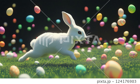 芝生の上で跳ねる白ウサギと色とりどりのイースターエッグ 124176983