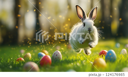 芝生の上で跳ねる白ウサギと色とりどりのイースターエッグ 芝生の上で跳ねる白ウサギと色とりどりのイースターエッグ 124176985