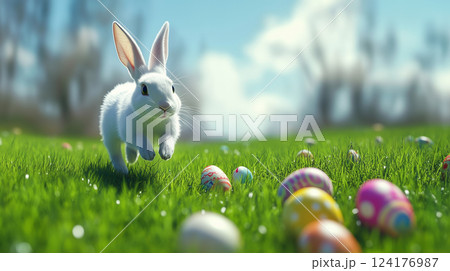 芝生の上で跳ねる白ウサギと色とりどりのイースターエッグ 芝生の上で跳ねる白ウサギと色とりどりのイースターエッグ 124176987