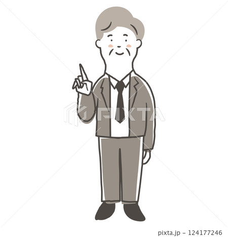 笑顔で指差ししているシニア男性会社員の鉛筆で描いた手書き風のシンプルな全身イラスト素材 124177246