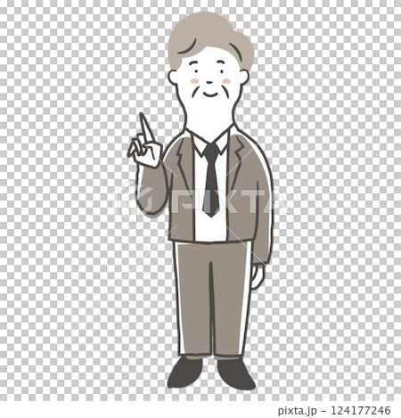 笑顔で指差ししているシニア男性会社員の鉛筆で描いた手書き風のシンプルな全身イラスト素材 124177246