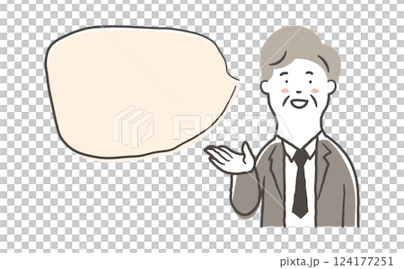 笑顔で案内をしているシニア男性会社員の上半身と吹き出しの鉛筆で描いた手書き風のシンプルなイラスト素材 笑顔で案内をしているシニア男性会社員の上半身と吹き出しの鉛筆で描いた手書き風のシンプルなイラスト素材 124177251