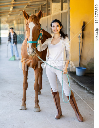 Young woman leads horse out of stable 124177869