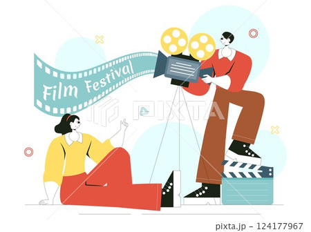Film Festival Vector Illustration Featuring Cinematography and the Process of Shooting Movies and Films in a Studio with Camera and Filmstrip 124177967