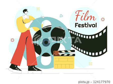 Film Festival Vector Illustration Featuring Cinematography and the Process of Shooting Movies and Films in a Studio with Camera and Filmstrip 124177970