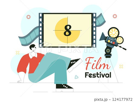 Film Festival Vector Illustration Featuring Cinematography and the Process of Shooting Movies and Films in a Studio with Camera and Filmstrip 124177972