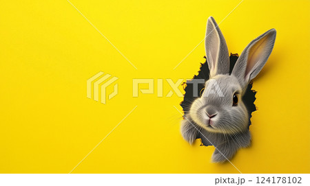 黄色い壁から顔を出すウサギの可愛らしい表情 124178102
