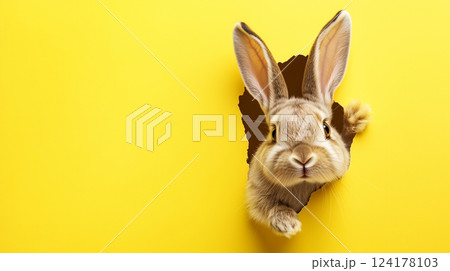 黄色い壁から顔を出すウサギの可愛らしい表情 124178103