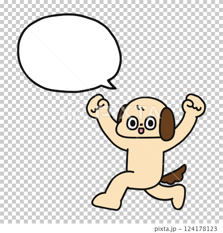 A funny dog running with his arms raised and a speech bubble A funny dog running with his arms raised and a speech bubble 124178123