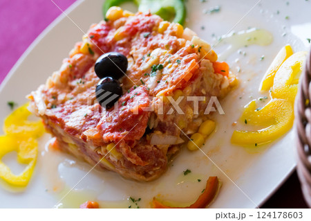 Timbale from tomatoes and canned tuna Timbale from tomatoes and canned tuna 124178603