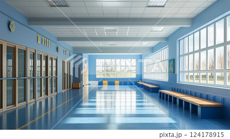 明るく清潔感のある校舎の廊下と大きな窓誰もいない校舎 124178915