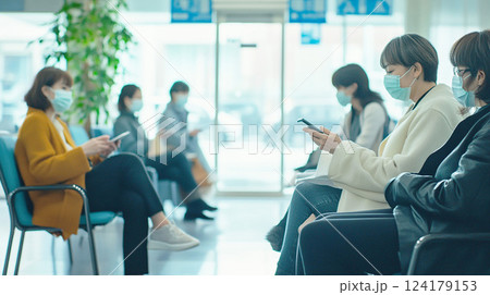 病院の待合室で順番を待つ人々 病院の待合室で順番を待つ人々 124179153