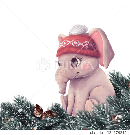 Cute baby elephant in hat. Hand drawn Christmas illustration with fir branches. 124179212