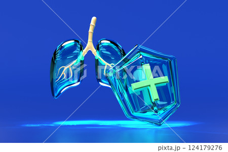 3d human lung transparent with shield isolated on blue background. world pneumonia day, check lung health, organs concept, 3d illustration render 124179276