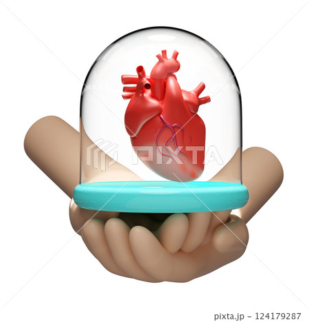 3d hand witn glass dome, realistic human heart isolated. heart disease prevention, health love, world heart day concept, 3d illustration render 124179287