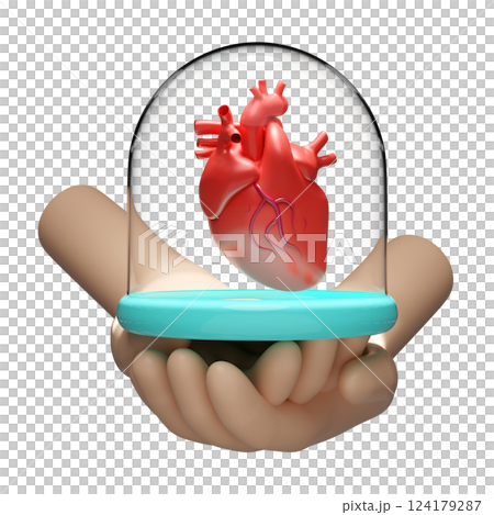 3d hand witn glass dome, realistic human heart isolated. heart disease prevention, health love, world heart day concept, 3d illustration render 124179287