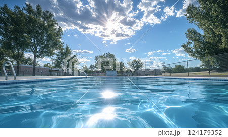 青空と太陽が輝く屋外プールの清涼感あふれる風景 124179352