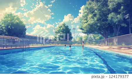 青空と太陽が輝く屋外プールの清涼感あふれる風景 124179377