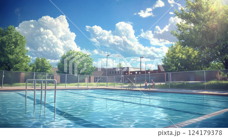 青空と太陽が輝く屋外プールの清涼感あふれる風景 124179378