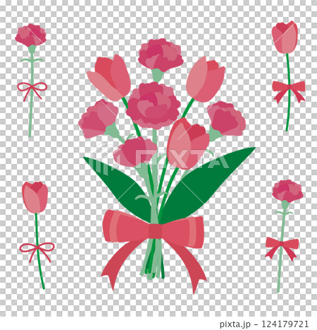 康乃馨和鬱金香花束以及單朵花套裝 124179721