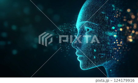 デジタルデータで構成された人工知能の未来的な顔 124179916