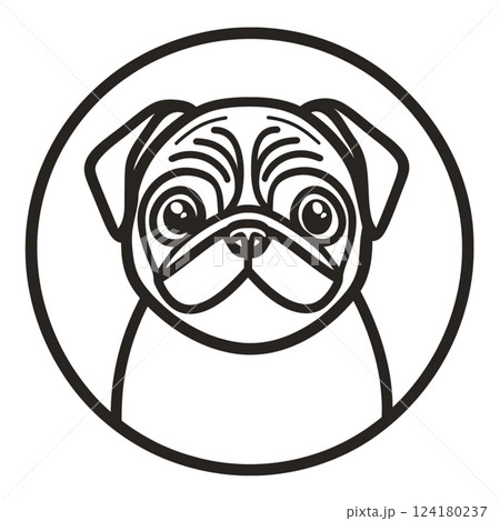 cute logo featuring stylized pug dog with distinct facial features and round outline. This design captures playful and charming essence of breed, making it perfect for pet related branding cute logo featuring stylized pug dog with distinct facial features and round outline. This design captures playful and charming essence of breed, making it perfect for pet related branding 124180237
